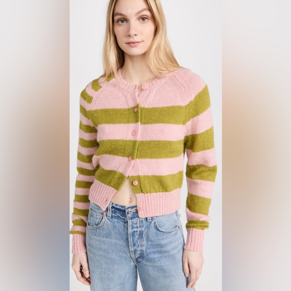 Molly Goddard Teresa Striped Pink/ Green Wool Cardigan Sweater New $600